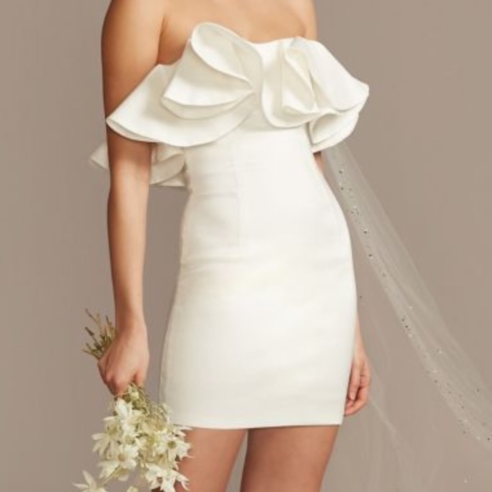 Bardot strapless taffeta mini dress with ruffles